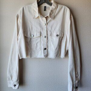 H&M DIVIDED Crop Denim Jacket 100% Cotton Sz Medium Pockets Cropped Off White